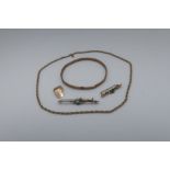 9ct gold chain link necklace stamped 375 (50cm) two gold bar brooches and a bangle stamped 9ct,