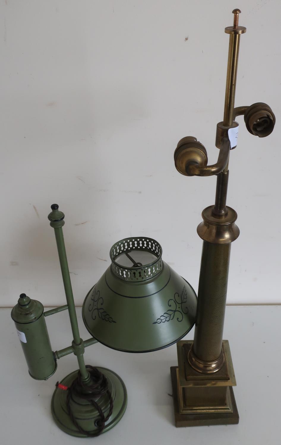 19th/20th C green and black Tole ware table lamp, converted to electric (height 40cm) and a