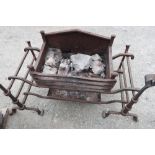 Wrought metal peat fire basket with three height wrought metal fire dogs and under tier ash pan (