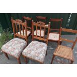 Pair of Edwardian golden oak dining chairs with tapestry style seats, three mahogany bedroom