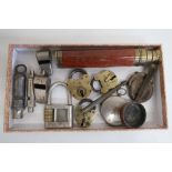 Small three drawer brass and mahogany pocket telescope, Acme Guide and other whistles, three vintage