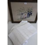 Collection of lace edged linen and cotton table cloths etc (one box) and a wool-work picture of