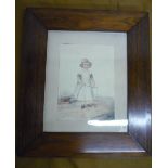 Early 19th C study of a young girl with a blue ribbon, watercolour, in rosewood frame (35cm x 40cm