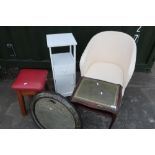 Mahogany telephone table with inset leather top, an oak framed bar stool, an early 20th C bevelled