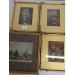 Set of three gilt framed and mounted coloured prints, and another coloured engraving of The Kremlin,