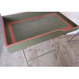 19th C painted rectangular butlers tray with shaped sides, on faux bamboo stand