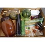 Two glass fishing floats, other cut glassware etc, in one box