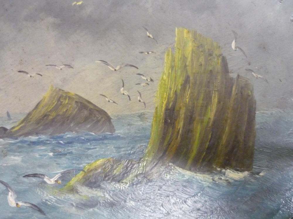 English school 19th C, a stormy seascape with guls, oils on panel, signed with initials MY, oval ( - Image 2 of 2