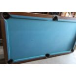 Pool table, blue baise top on chromed adjustable supports, with two cues, balls and frame (205cm x