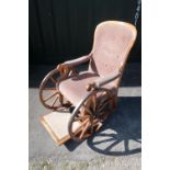 Victorian mahogany framed invalid chair, metal bound wooden spoke wheels, a brass and mahogany