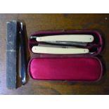Cased pair of Candle and Dense Celestia cut throat razors with ivory grips, and a boxed Norton razor