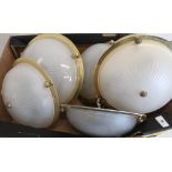 Pair of frosted glass centre dome light shades with brass mounts (diameter 32cm) and a set of four