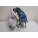 20th C German porcelain model of two parakeets (height 20cm)