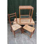Oak low line coffee table, a 19th C oak framed rush seated bedroom chair, an oak string top stool