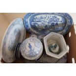 19th C blue & white transfer printed willow pattern oval meat dish, an Adams Chinese pattern