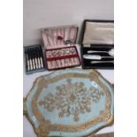 EPNS fruit set, Art Deco EPNS dessert serving set, and a set of six dessert knives, all boxed, and a