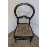 Victorian papier-mache lacquered and Mother of Pearl & gilt bedroom chair with wool-work upholstered