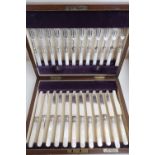 Set of twelve EPNS dessert knives & forks with Mother of Pearl handles, in fitted case by Walker &