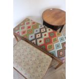 Two rectangular stools with wool-work tops and a c.1920s circular top sewing type table (3)