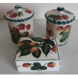 Two Wemyss Pottery strawberry pattern preserve jars (approx height 12.5cm) with signed and impressed