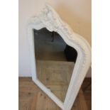 Rococo style wall mirror, bevelled arch plate in white surround with shell cresting (124cm x 80cm)