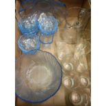 Art Deco blue tint glass twelve piece fruit set, five piece glass lemonade set, etched cake stand,