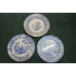 Collection of blue and white ceramics including Chinese vases, Staffordshire plate and Copeland