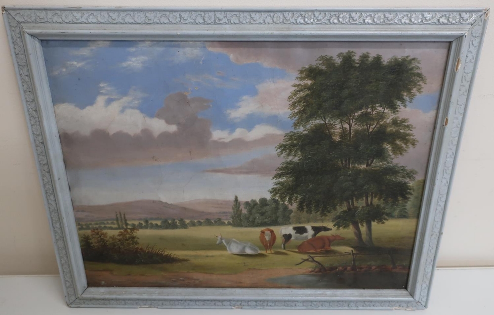 Early 20th C British Naive school, Cows grazing in an extensive landscape, watercolour (29cm x 39cm)