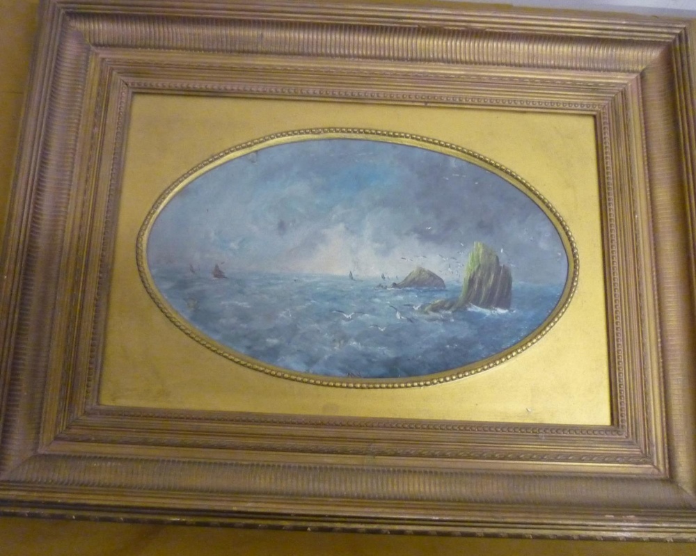 English school 19th C, a stormy seascape with guls, oils on panel, signed with initials MY, oval (