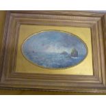 English school 19th C, a stormy seascape with guls, oils on panel, signed with initials MY, oval (