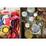 Primus 96 brass stove on three folding feet, decorative metal ware, pair of painted clogs, and a