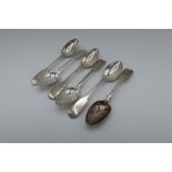 Set of six Victorian hallmarked silver Fiddle pattern tea spoons, engraved with initials, London