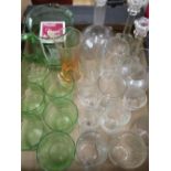 Green glass lemonade set, pair small glass candlesticks, other glassware, etc in one box