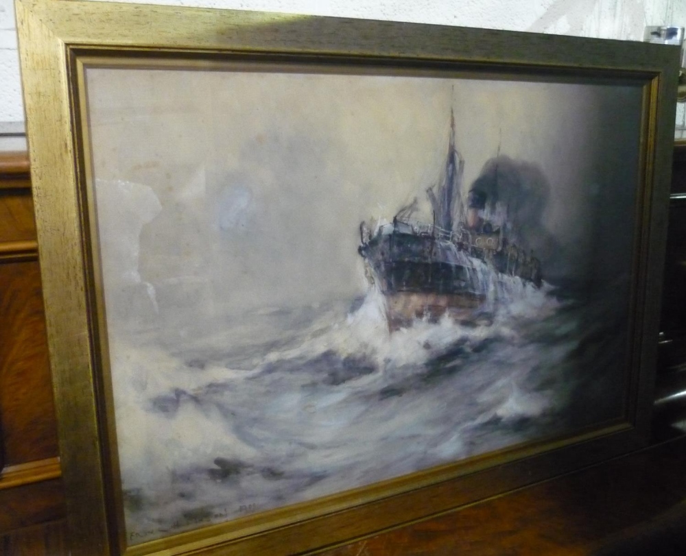 Frank Henry Mason, steam ship labouring in a stormy sea, watercolour, signed Frank H Mason and dated - Image 2 of 4