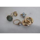 Four 9ct gold hallmarked gem-set rings and a pair of 9ct earrings (6)