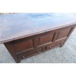 Late 18th C oak mule chest with hinged top with wire-work hinges, panelled sides and front above two