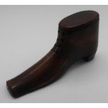 Unusual Victorian walnut needle case in the form of a boot, with sliding heel lid.