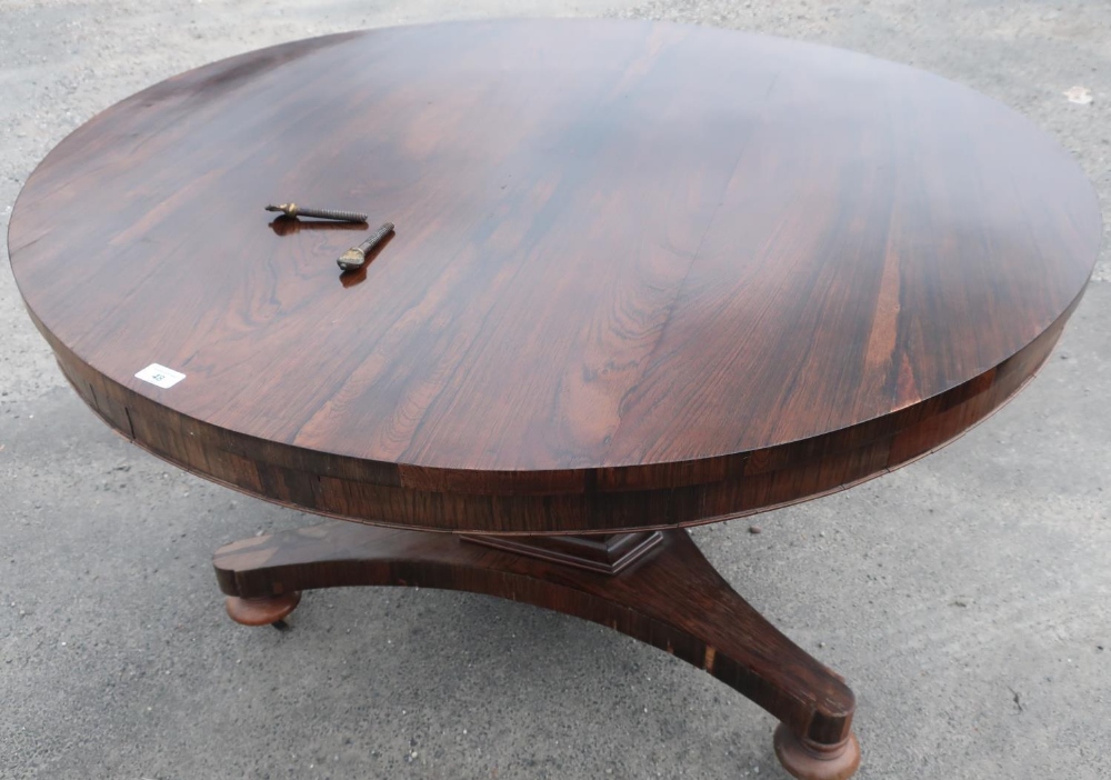 Victorian rosewood breakfast table circular tilt top on tapering column and three bun turned feet (