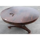 Victorian rosewood breakfast table circular tilt top on tapering column and three bun turned feet (