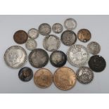 Victorian Crown 1889, penny & half 1887, Geo.V half crown 1914, Geo. lll shilling 1787, other silver