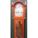 Modern yew wood style long cased chiming 8 day grandfather clock with moon dial, by Richard Bioad,