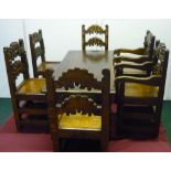 Set of six 17th century style miniature carved oak dining chairs and a refectory style table, (