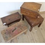 Two small pine stools, a small upholstered top stool and an inlaid walnut Victorian jewellery box
