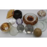 Two clear witches type glass balls, studio glass mushroom, various other glassware, carved hardstone