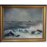 Framed and mounted oil on board of fishing boats on rough waters, signed lower right Jack