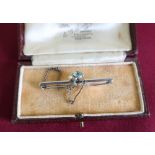 9ct white gold pearl and sapphire set bar brooch, stamped 9ct