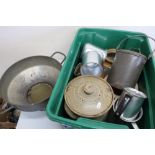 Two handled strainer, tin cooking pot with lid, aluminium jugs, three stoneware jugs, etc (7)