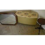 Lloyd Loom style linen box with upholstered top (90cm x 38cm x 50cm), a 1930s oak hexagonal framed