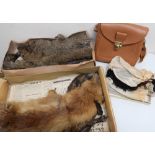 Two fox fur wraps, a mink wrap, two fans and a Titan brown leather handbag (6)