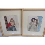 Pair of late 19th C printed and woolwork studies of two young girls with curly hair, and a female